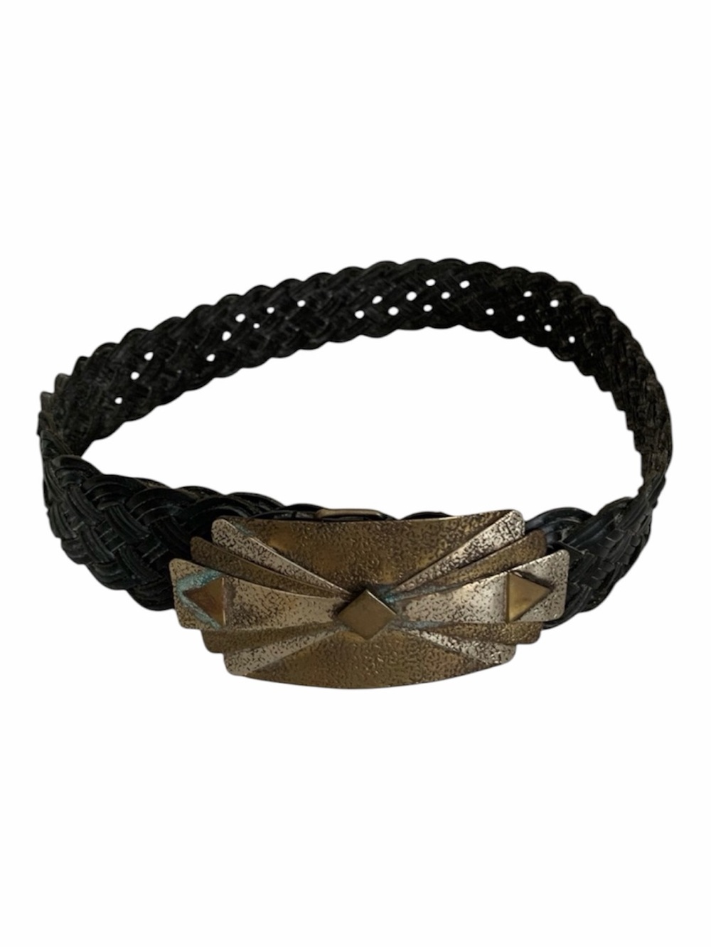 Chico’s Braided Leather Belt Women S/M Black Ornate Rising Sun Buckle Medallion